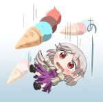  1girl blush boots brown_footwear dress drooling feathered_wings food grey_hair grey_jacket grey_wings ice_cream jacket kishin_sagume long_sleeves open_clothes open_jacket open_mouth purple_dress red_eyes rokugou_daisuke short_hair signature single_wing solo touhou wings 