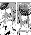  1girl bangs bare_shoulders blush breasts cleavage dress earrings elbow_gloves expressionless fascinator fire_emblem fire_emblem_engage gloves greyscale highres illust_mi ivy_(fire_emblem) jewelry large_breasts long_hair looking_at_viewer mole mole_under_mouth monochrome smile solo upper_body 