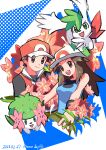  absurdres baseball_cap black_shirt blue_shirt brown_eyes brown_hair closed_mouth dated flower green_eyes hair_flaps hat highres jacket leaf_(pokemon) long_hair open_hand open_mouth outstretched_arms pokefia pokemon polka_dot polka_dot_background red_(pokemon) red_jacket shaymin shirt short_hair sleeveless sleeveless_shirt v-shaped_eyebrows 