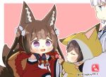  3girls :d alternate_costume amagi-chan_(azur_lane) animal_costume animal_ear_fluff animal_ears aqua_eyes azur_lane bangs black_hair blunt_bangs brown_hair commentary_request crossover detached_sleeves eyeshadow fox_costume fox_ears fox_girl fox_tail hair_between_eyes hair_ornament holding_hands japanese_clothes kaga_(battleship)_(azur_lane) kaga_(kancolle) kantai_collection kyuubi long_hair long_sleeves looking_at_another makeup multicolored_hair multiple_girls multiple_tails name_connection purple_eyes rope shimenawa short_hair sidelocks signature simple_background smile tail taisa_(kari) thick_eyebrows twintails twitter_username two-tone_hair white_hair wide_sleeves 