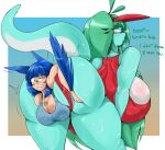  2023 anthro bent_over big_breasts blue_hair breasts butt clothed clothing dialogue digital_media_(artwork) duo english_text fairyfud female female_pred female_prey fingers green_hair hair huge_breasts long_hair looking_back rose_(fairyfud) scalie text vore 