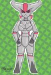  absurd_res anthro breasts digital_media_(artwork) female glistening glistening_body hi_res iron_leaves looking_at_viewer machine nintendo notsafeforvee paradox_pokemon pokemon pokemon_(species) red_eyes robot shiny_pokemon simple_background solo 