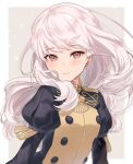  1girl black_jacket fire_emblem fire_emblem:_three_houses garreg_mach_monastery_uniform haru_(nakajou-28) highres jacket juliet_sleeves long_hair long_sleeves looking_at_viewer lysithea_von_ordelia puffy_sleeves purple_eyes smile solo upper_body very_long_hair white_hair 