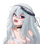  1girl arknights black_choker breasts choker commentary fangs grey_hair hair_between_eyes long_hair looking_at_viewer nude open_mouth red_eyes simple_background skadi_(arknights) skadi_the_corrupting_heart_(arknights) solo upper_body white_background z-02 