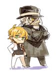  2boys :3 blonde_hair chibi closed_mouth daisuke_aurora fingerless_gloves full_body gloves green_eyes hat heat_guy_j highres j_(heat_guy_j) long_hair looking_at_viewer male_focus mota multiple_boys ponytail simple_background smile white_background yellow_eyes 