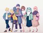  2boys 40hara 4girls black_footwear blonde_hair blue_eyes blue_hair blue_jacket blue_skirt brown_eyes brown_hair brown_skirt casual coffee_cup commentary_request cup denim denim_shorts disposable_cup glasses grey_footwear hands_in_pockets hatsune_miku high_heels holding holding_cup holding_map jacket kagamine_len kagamine_rin kaito_(vocaloid) long_hair map megurine_luka meiko_(vocaloid) multiple_boys multiple_girls red_footwear scarf shoes short_hair shorts skirt smile sneakers twintails very_long_hair vocaloid white_background yellow_footwear yellow_jacket 