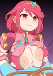  1boy 1girl bar_censor blue_shorts blush breasts breasts_squeezed_together censored closed_mouth commission erection fingerless_gloves gloves grabbing_own_breast hetero kabeume large_areolae large_breasts motion_lines nipples paizuri penis penis_out puffy_nipples pyra_(xenoblade) red_eyes red_hair shorts skeb_commission smile solo_focus tiara xenoblade_chronicles_(series) xenoblade_chronicles_2 