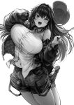  1girl :d absurdres bangs blush breasts collared_shirt gibagiba greyscale hat highres jacket large_breasts long_hair long_sleeves looking_at_viewer mole mole_under_eye monochrome navel off_shoulder one_eye_closed open_clothes open_jacket open_mouth original shirt short_shorts shorts single_bare_shoulder smile thighs 