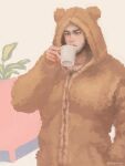  1boy animal_costume animal_ears bara bear_costume bear_ears beard black_hair blush buzz_cut chest_hair cup drinking facial_hair fake_animal_ears golden_kamuy holding holding_cup male_focus mature_male mug nopinzo pectorals short_hair solo tanigaki_genjirou thick_eyebrows upper_body very_short_hair 