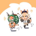  2girls animal_ears black_jacket blonde_hair blue_eyes caracal_(kemono_friends) caracal_ears cat_girl cat_tail cookie coyote_(kemono_friends) elbow_gloves extra_ears food gloves highres jacket kemono_friends kemono_friends_v_project kneehighs mcgunngu microphone multiple_girls open_mouth orange_hair police running shirt shoes short_hair simple_background skirt sleeveless sleeveless_shirt socks tail thief virtual_youtuber white_shirt wolf_ears wolf_girl wolf_tail yellow_eyes 