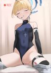  1girl bangs bare_shoulders black_gloves black_leotard blonde_hair blue_archive blue_leotard blue_ribbon blush boots braid breasts bun_cover censored closed_eyes clothing_aside covered_navel earpiece elbow_gloves female_pubic_hair french_braid gloves hair_bun hair_ribbon halo highleg highleg_leotard highres leotard leotard_aside maid_headdress nuda open_mouth pubic_hair pussy pussy_juice recording ribbon sex_toy short_hair single_hair_bun sitting small_breasts solo thigh_boots thigh_strap thighs toki_(blue_archive) two-tone_leotard vibrator vibrator_cord vibrator_in_thigh_strap viewfinder white_footwear 