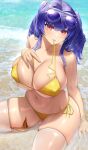  1girl ass azur_lane ball bangs beach beachball bikini blue_hair blush breasts cameltoe collarbone covered_nipples eyewear_on_head fouriasensei hand_on_own_chest highres large_breasts long_hair looking_at_viewer mouth_hold navel official_alternate_costume outdoors parted_lips plump pola_(azur_lane) pola_(seaside_coincidence)_(azur_lane) red_eyes revision sideboob sitting skindentation solo starfish sunglasses swimsuit thick_thighs thighhighs thighs twintails underboob water wet white_thighhighs yellow_bikini 