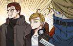  3boys alternate_costume alternate_hairstyle beard best_jeanist blonde_hair blue_eyes boku_no_hero_academia brown_coat coat comb covered_mouth denim endeavor_(boku_no_hero_academia) facial_hair hawks_(boku_no_hero_academia) headphones holding holding_comb kadeart looking_at_viewer male_focus multiple_boys scar scar_across_eye scar_on_face short_hair sparkle stubble upper_body wings 
