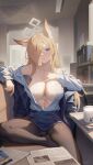 1girl animal_ear_fluff animal_ears black_pantyhose blonde_hair blue_archive blue_eyes blue_skirt blush bra breasts cleavage closed_mouth cup hair_over_one_eye halo hand_on_own_chest highres indoors jacket kanna_(blue_archive) large_breasts leaf98k long_hair long_sleeves off_shoulder open_clothes open_jacket pantyhose sitting skirt solo thighs underwear white_bra 