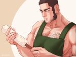  1boy apron bara beard black_hair blush buzz_cut chest_hair facial_hair golden_kamuy green_apron hairy holding large_pectorals male_focus mature_male muscular muscular_male naked_apron nipples nopinzo pectoral_cleavage pectorals short_hair sideburns sidepec smile solo tanigaki_genjirou thick_eyebrows upper_body very_short_hair 