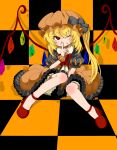  1girl alternate_color bangs black_background black_bow blonde_hair bloomers blush bow bowtie bright_pupils buttons checkered_background commentary_request crystal dot_nose finger_to_mouth flandre_scarlet frilled_shirt_collar frilled_skirt frilled_sleeves frills full_body grin hair_between_eyes halloween hat hat_bow highres index_finger_raised iwaserie long_hair looking_at_viewer mob_cap one_eye_closed one_side_up orange_background orange_headwear orange_skirt puffy_short_sleeves puffy_sleeves red_bow red_bowtie red_eyes red_footwear shoes short_sleeves sitting skirt skirt_set smile solo touhou underwear v-shaped_eyebrows white_bloomers white_pupils wings 