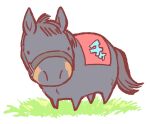  1other bridle chibi commentary grass horse looking_at_viewer no_humans real_life simple_background solo standing takatsuki_nato translated white_background winning_ticket_(racehorse) 