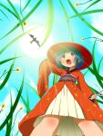  1girl bangs bird black_sash blue_eyes blue_hair blue_sky blunt_bangs blush body_blush bowl bowl_hat cloud commentary_request feet_out_of_frame flower from_below grass hat highres iwaserie japanese_clothes kimono long_sleeves looking_afar needle obi open_mouth red_kimono sash sewing_needle short_hair sky solo sukuna_shinmyoumaru sun touhou wide_sleeves yellow_flower 