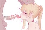  1boy 1girl after_fellatio bar_censor blonde_hair censored closed_eyes cum cum_in_mouth dark-skinned_male dark_skin eonsang erection fellatio from_side girls&#039;_frontline hands_on_another&#039;s_head heart highres licking licking_penis long_hair oral penis ponytail saliva saliva_drip saliva_trail tongue tongue_out white_background 