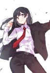  1girl absurdres bangs belt belt_buckle black_hair blazer buckle commentary formal grey_eyes grin highres jacket looking_at_viewer love_live! love_live!_nijigasaki_high_school_idol_club necktie one_side_up pants red_necktie scanning sidelocks smile solo suit upper_body white_background yuuki_setsuna_(love_live!) 