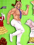  1boy abs ainu_clothes animal_ears animal_hood bara beard between_pectorals black_hair blush bulge buzz_cut chest_hair dress embarrassed facial_hair fake_animal_ears fox_ears fox_hood full_body golden_kamuy hood large_pectorals looking_at_viewer male_focus mature_male muscular muscular_male navel navel_hair necktie necktie_between_pectorals nipples nopinzo official_alternate_costume pants pectorals purple_dress purple_necktie red_dress running short_hair sideburns solo standing standing_on_one_leg stomach tanigaki_genjirou thick_eyebrows topless_male very_short_hair white_pants 