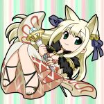 1girl animal_ears argyle argyle_dress bangs bell black_footwear blonde_hair blue_ribbon breasts chibi cleavage closed_mouth commentary_request detached_sleeves dress fox_ears full_body fur_collar green_background green_eyes hair_bell hair_ornament hair_ribbon highres holding holding_staff iwaserie jingle_bell long_hair looking_at_viewer medium_breasts ragnarok_online ribbon sandals smile solo sorcerer_(ragnarok_online) staff striped striped_background white_dress white_sleeves 