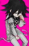  1boy bangs black_hair checkered_clothes checkered_scarf closed_mouth danganronpa_(series) danganronpa_v3:_killing_harmony grey_jacket grey_pants hand_up invisible_chair jacket long_sleeves medium_hair ouma_kokichi pants pink_background pink_eyes r2load scarf simple_background sitting smile solo tears 