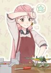  1girl aircraft akashi_(kancolle) apron green_eyes green_ribbon hair_ribbon highres holding holding_wrench kantai_collection long_hair pink_hair porupurucha red_apron ribbon screwdriver shirt short_sleeves solo spoken_star star_(symbol) tress_ribbon white_shirt wrench 