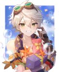  1boy arm_scarf bandaid bandaid_on_face bandaid_on_nose bangs bare_shoulders bennett_(genshin_impact) blue_sky blush border bow box brown_gloves bubble cloud collarbone collared_shirt commentary_request day flower genshin_impact gift gift_box gloves goggles goggles_on_head green_eyes grin hair_between_eyes highres holding holding_gift looking_at_viewer male_focus orange_flower outside_border sasu_(arigatosasu) shirt short_hair sky sleeveless sleeveless_shirt smile solo teeth upper_body white_border white_hair windwheel_aster_(genshin_impact) wing_collar yellow_bow 