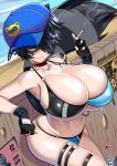  1girl absurdres animal_ears artist_name baseball_cap beach beer_can bikini black_gloves black_hair black_nails blue_headwear breasts can choker cigarette collarbone cowboy_shot fence gloves hat highres holding holding_cigarette huge_breasts indie_virtual_youtuber multicolored_bikini multicolored_clothes navel o-ring o-ring_bikini o-ring_thigh_strap pierced_hat raccoon_ears raccoon_girl raccoon_tail red_choker shore short_hair shoulder_tattoo skull smoking snake_tattoo snuffy_(vtuber) steve_chopz swimsuit tail tattoo thigh_strap yellow_eyes 