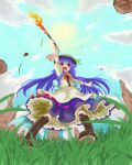  1girl :d arm_up bangs black_headwear blue_hair blue_sky boots bow bowtie brown_footwear cloud commentary_request cross-laced_footwear flat_chest from_below full_body grass highres hinanawi_tenshi holding holding_sword holding_weapon iwaserie leaf long_hair looking_at_viewer open_mouth outdoors petticoat puffy_short_sleeves puffy_sleeves purple_skirt rainbow_gradient red_bow red_bowtie red_eyes rock shirt short_sleeves skirt sky smile solo sun sword sword_of_hisou touhou very_long_hair weapon white_shirt 