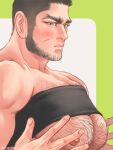  1boy bara beard black_hair blush buzz_cut chest_hair chest_harness facial_hair from_side golden_kamuy hands_up harness large_pectorals male_focus mature_male muscular muscular_male nipples nopinzo pectoral_press pectorals scar scar_on_cheek scar_on_face short_hair sideburns solo tanigaki_genjirou thick_eyebrows underpec very_short_hair 