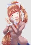  1girl :d ^_^ artist_name bangs blue_sky blunt_bangs bow brown_hair closed_eyes commentary doki_doki_literature_club english_commentary facing_viewer grey_background grey_jacket hair_bow happy head_tilt high_ponytail jacket long_hair long_sleeves monika_(doki_doki_literature_club) open_mouth own_hands_together school_uniform sidelocks simple_background sky smile solo takuyarawr very_long_hair white_bow 
