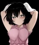 1girl ahoge animal_ears arms_behind_head bangs black_background black_eyes black_hair breasts bright_pupils closed_mouth commentary floppy_ears highres inaba_tewi looking_at_viewer mizuga rabbit_ears simple_background sleeveless solo symbol-only_commentary touhou upper_body white_pupils 