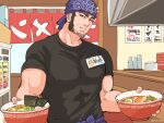  1boy alternate_costume bandana bara beard black_hair black_shirt buzz_cut chest_hair contemporary cup_ramen facial_hair golden_kamuy incoming_food indoors large_pectorals looking_at_viewer male_focus mature_male muscular muscular_male nopinzo pectorals restaurant shirt short_hair sideburns smile solo tanigaki_genjirou thick_eyebrows very_short_hair 