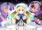  4girls bangs black_gloves black_headwear blonde_hair blue_flower blush capelet closed_eyes closed_mouth daffodil dress elbow_gloves fang flower gloves grey_hair hair_flower hair_ornament hat highres holding holding_skull izumi_kanagi izumi_kanagi_(vampire_ver.) long_hair looking_at_viewer magia_record:_mahou_shoujo_madoka_magica_gaiden magical_girl mahou_shoujo_madoka_magica maid_headdress misono_karin momo_tomato monocle multiple_girls official_alternate_costume open_mouth own_hands_together parted_bangs purple_eyes purple_hair red_eyes short_hair skull smile thighhighs togame_momoko togame_momoko_(sister_ver.) torn_clothes torn_dress two_side_up white_capelet white_dress white_flower white_hair witch_hat yakumo_mitama 