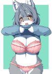  2023 anthro big_breasts blush bra breasts canid canine canis clothed clothing clothing_lift digital_media_(artwork) female female_anthro fur hair hi_res huge_breasts kemono koorinezumi looking_at_viewer mammal panties portrait solo sweater three-quarter_portrait topwear underwear wolf 