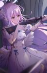  1girl absurdres angel_wings blood blood_on_clothes blood_on_face blue_archive breasts brown_eyes capelet dress flower gun hair_bun hair_flower hair_ornament halo highres holding holding_gun holding_weapon injury light_purple_hair long_hair looking_away low_wings medium_breasts mika_(blue_archive) pizza_(pizzania_company) rifle single_side_bun solo torn_clothes torn_dress weapon white_dress white_wings wings 