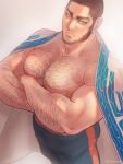  1boy ainu_clothes arm_hair bara bare_pectorals beard black_hair blue_pants buzz_cut chest_hair coat coat_on_shoulders crossed_arms facial_hair feet_out_of_frame from_above golden_kamuy hairy large_pectorals looking_at_viewer male_focus mature_male muscular muscular_male nipples nopinzo pants pectoral_lift pectorals scar scar_on_cheek scar_on_face short_hair sideburns solo standing tanigaki_genjirou thick_eyebrows very_short_hair 