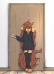  anthro apogee_(tinygaypirate) canid canine canis clothing domestic_dog door ear_piercing ear_ring female hi_res hoodie inside legwear mammal piercing ring_piercing size_difference solo stockings tattoo tinygaypirate topwear 