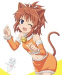  1girl 1other alternate_costume animal_ears bell blue_eyes breasts cat_ears cat_tail fang koshigaya_natsumi medium_hair navel non_non_biyori one_eye_closed open_mouth red_hair shirosame small_breasts standing tail 