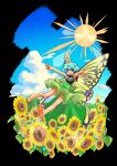  1girl :d absurdres antennae bangs barefoot black_shirt blue_hair breasts brown_eyes butterfly_wings cloud commentary_request day eternity_larva flower full_body green_skirt highres iwaserie leaf leaf_on_head looking_at_viewer medium_breasts open_mouth outdoors outstretched_arms shirt short_hair skirt smile solo sun sunflower touhou wings yellow_flower 