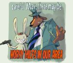  2023 anthro border bottomwear canid canine canis clothed clothed/nude clothing domestic_dog dot_eyes dress_shirt duo english_text frown fur green_background grey_border gun hand_on_head handgun hat headgear headwear hi_res holding_gun holding_object holding_weapon humor jacket lagomorph male mammal max_(sam_and_max) meme necktie nude open_clothing open_jacket open_topwear pants ranged_weapon reaction_image rorvk sam_and_max samuel_dog shadow shirt simple_background smile standing suit teeth text topwear tuft weapon 