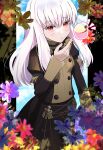  1girl absurdres bangs blue_flower blush buttons candy commentary_request cupcake fire_emblem fire_emblem:_three_houses flower food garreg_mach_monastery_uniform hair_between_eyes highres long_hair long_sleeves looking_at_viewer lysithea_von_ordelia mu_tu_bu pink_flower purple_flower red_eyes red_flower solo uniform white_hair yellow_flower 