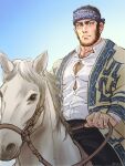  1boy ainu_clothes bara beard black_hair bursting_pectorals buzz_cut chest_hair collared_shirt facial_hair feet_out_of_frame golden_kamuy headband horseback_riding large_pectorals looking_at_viewer male_focus mature_male muscular muscular_male nopinzo official_alternate_costume pectoral_cleavage pectorals riding shirt short_hair sideburns smile solo tanigaki_genjirou thick_eyebrows very_short_hair white_horse 