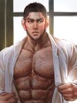  1boy abs bara bare_pectorals beard black_hair blush bulge buzz_cut chest_hair collared_shirt facial_hair golden_kamuy hairy large_pectorals looking_to_the_side male_focus mature_male muscular muscular_male navel navel_hair nipples nopinzo open_clothes open_shirt pectorals shirt short_hair sideburns solo stomach sunlight tanigaki_genjirou thick_eyebrows undressing upper_body very_short_hair white_shirt window_shade 