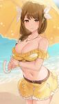  1girl alternate_costume bangs bare_shoulders beach bikini bikini_skirt braid breasts brown_hair cleavage day fire_emblem fire_emblem_engage gloves goldmary_(fire_emblem) hair_ornament hair_ribbon haru_(nakajou-28) highres jewelry large_breasts long_hair looking_at_viewer mole mole_on_breast navel necklace outdoors ribbon smile solo swimsuit umbrella water yellow_bikini yellow_eyes 