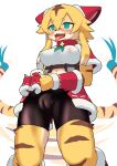  1girl :3 afterimage animal_ears arm_warmers bangs bike_shorts blonde_hair blue_eyes blue_ribbon blush body_fur boots breasts brown_fur brown_hair cameltoe capelet christmas clothes_lift collar commentary_request covered_nipples crop_top drooling ear_covers ears_down facial_mark fangs flashing fur-trimmed_arm_warmers fur-trimmed_capelet fur-trimmed_footwear fur-trimmed_skirt fur_trim furry furry_female gurin_(glin720) hair_flaps happy heart heart-shaped_pupils highres knee_boots large_breasts lifted_by_self long_hair mia_(world_flipper) miniskirt multicolored_fur multicolored_hair navel nipples nose_blush official_alternate_costume open_mouth own_hands_together raised_eyebrows red_capelet red_skirt ribbon saliva santa_costume see-through shirt sidelocks simple_background skirt skirt_lift smile solo standing striped_fur striped_tail symbol-shaped_pupils tail tail_ornament tail_raised tail_ribbon tail_wagging thighs tiger_ears tiger_girl tiger_tail tongue tongue_out whisker_markings white_background white_fur white_hair white_shirt world_flipper yellow_fur 