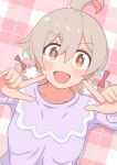  1girl :d absurdres ahoge bangs braid brown_eyes commentary fley0205 grey_hair hair_between_eyes highres long_hair looped_braids multicolored_hair onii-chan_wa_oshimai! open_mouth oyama_mahiro pink_hair plaid plaid_background pointing pointing_at_self purple_shirt shirt simple_background smile solo twin_braids two-tone_hair upper_body 
