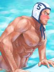  1boy abs armpit_hair bara beard black_hair blush chest_hair embarrassed facial_hair from_side golden_kamuy hairy large_pectorals male_focus mature_male muscular muscular_male navel navel_hair nipples nopinzo nude pectorals pool pubic_hair pubic_hair_peek short_hair sideburns solo stomach swim_cap swimming tanigaki_genjirou thick_eyebrows wet 